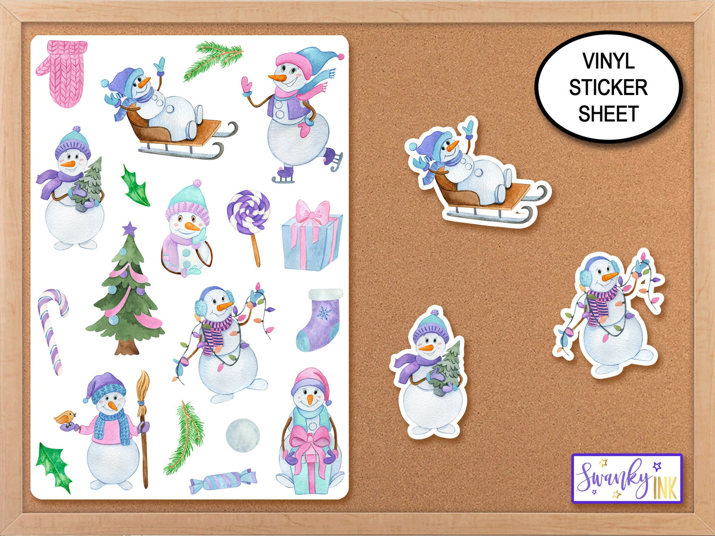 Pastel Snowman Sticker Sheet, Helmet Sticker, Winter Stickers, Holiday Stickers for Kids, Planner Stickers, Computer Stickers, Phone Decals