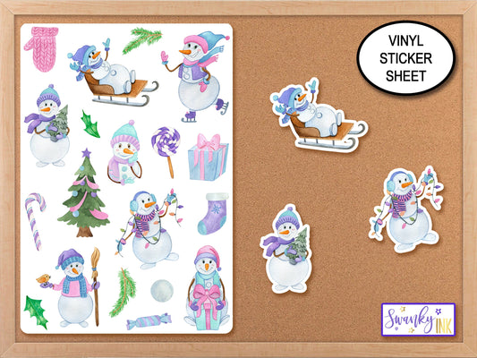 Pastel Snowman Sticker Sheet, Helmet Sticker, Winter Stickers, Holiday Stickers for Kids, Planner Stickers, Computer Stickers, Phone Decals