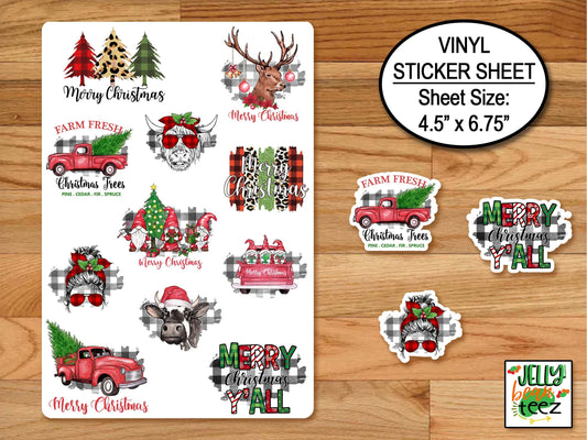 Merry Christmas Sticker Sheet, Holiday Stickers, Plaid Country Christmas, Journal Stickers, Christmas Tree, Cow Farmhouse Christmas Planner