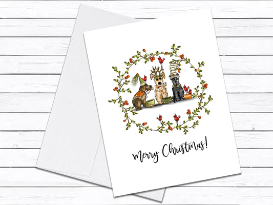 Merry Christmas Wreaths Dogs Greeting Card, Dog Christmas Card Set, Holiday Card Set, Christmas Cardinals, Dog Lover Gift, Merry Christmas