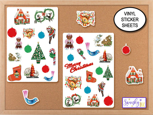 Retro Christmas Stickers Sheet, Christmas Tree Holiday Stickers, Journaling Stickers, Party Favor Stickers, Planner Stickers, 1950s Decals