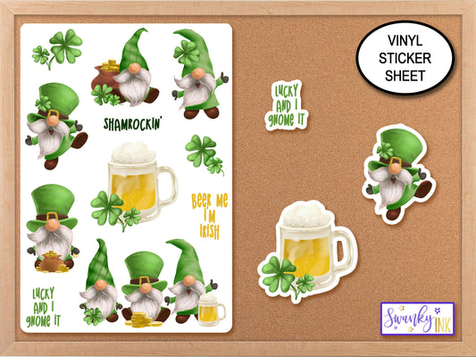 Gnome Stickers Sheet, St Patricks Day Gift, Cute Gnome Planner Stickers, Holiday Gnome, Beer Me I'm Irish Gnome Decal, Shamrockin' Clover