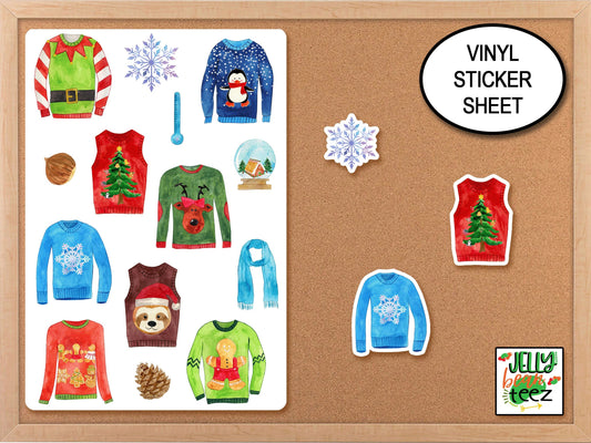 Ugly Christmas Sticker Sheet, Ugly Sweater Winter Stickers, Snowflake Sticker, Planner Sticker Kit, Journal Holiday Stickers, Favor Stickers