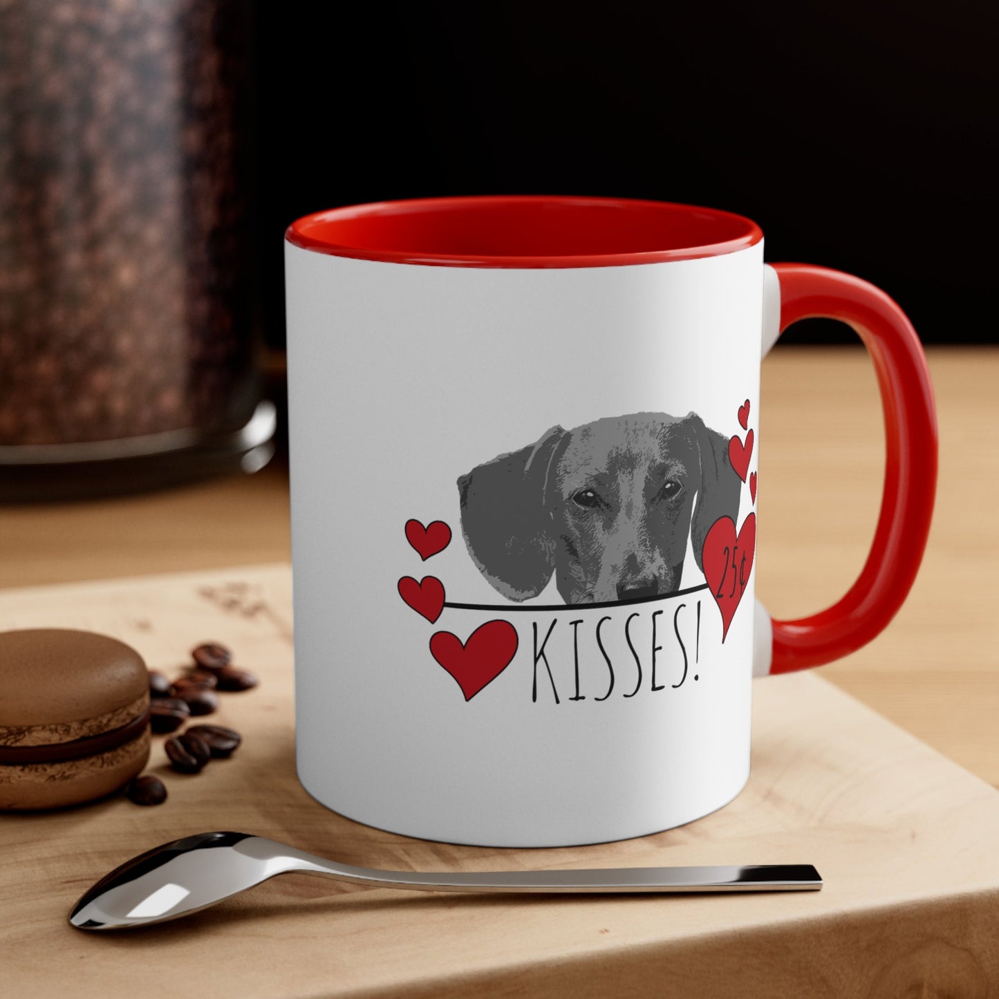 Dachshund Kisses Dog Coffee Mug, Dachshund Dog Mom Valentine Gift, Dog Lover Mug, Red Hearts Valentines Day Gift, Doxie Dad, Valentines Mug