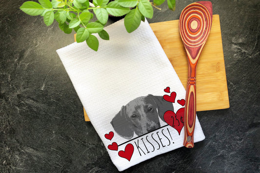 Dachshund Dog Kisses Valentines Day Gift for Mom, Dachshund Gifts, Doxie Valentine Gift Hearts Dish Towel, Valentines Dog Kitchen Tea Towel