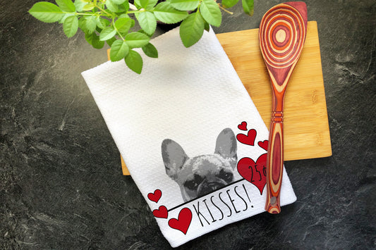 French Bulldog Kisses Valentines Day Gift for Mom, Frenchie Mama Towel, Valentine Gift Hearts Dish Towel, Valentines Dog Kitchen Tea Towel