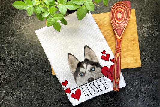 Siberian Husky Dog Kisses Valentines Day Gift for Mom, Husky Mom Valentine Gift, Hearts Dish Towel, Valentines Dog, Husky Kitchen Tea Towel