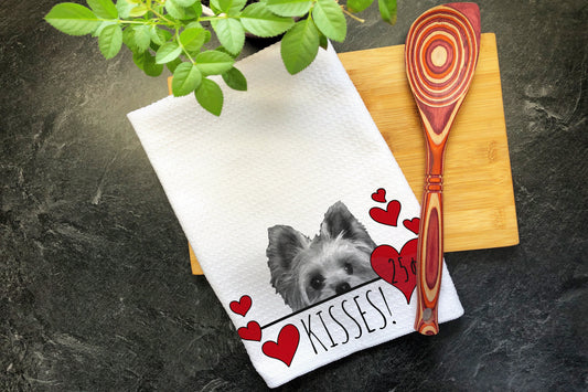 Yorkie Dog Kisses Valentines Day Gift for Mom, Yorkshire Terrier Mom Valentine Gift, Hearts Dish Towel, Valentines Dog, Kitchen Tea Towel