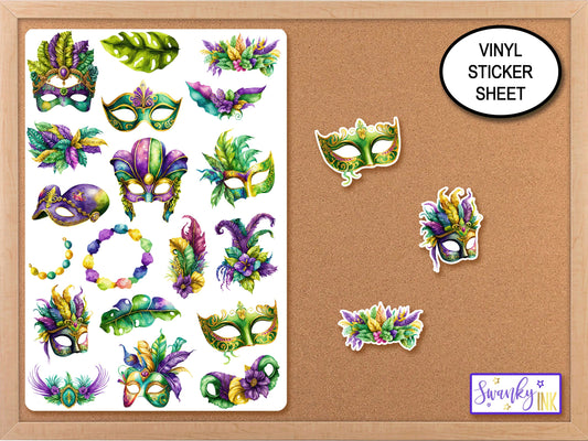 Mardi Gras Mask Sticker Sheet, Mardi Gras Party Favor Stickers, Laptop Stickers, Phone Stickers, Journal Stickers, Bujo Stickers for Planner