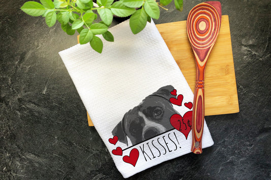 Pit Bull Kisses Valentines Day Gift for Mom, Pittie Mama Gift, Valentine Gift Hearts Dish Towel, Pitbull Valentines Dog Kitchen Tea Towel