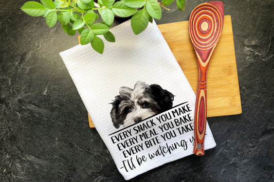 Maltipoo Dog  Kitchen Towel, Every Snack You Make I'll Be Watching You Tea Towel, Hanging Hand Towel, Maltese Poodle Mixed Dog Dish Towel