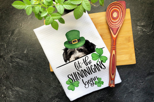 Maltipoo Dog St Patricks Day Tea Towel, Let The Shenanigans Begin Kitchen Decor Dish Towels, Irish Gifts for Women, Maltese Shamrock Decor