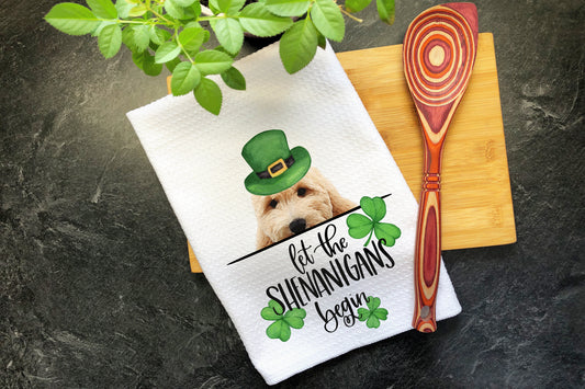 Goldendoodle Dog St Patricks Day Tea Towel, Let The Shenanigans Begin, Kitchen Decor Dish Towels, Golden Doodle Dog Mom Shamrock Irish Gifts