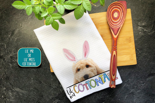 Goldendoodle Dog Lil Mr/Miss Cottontail Easter Tea Towel, Bunny Rabbit Ears Funny Dog Kitchen Decor Dish Towels, Golden Doodle Dog Mom Gifts