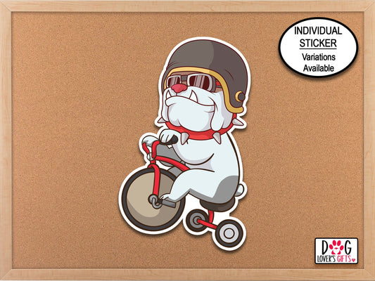 Bulldog on Tricycle Sticker, Dog Mom Funny Bulldog Gift, Laptop Sticker, Bicycle Decor, Phone Sticker, Animal Sticker, Bulldog Lover Decal