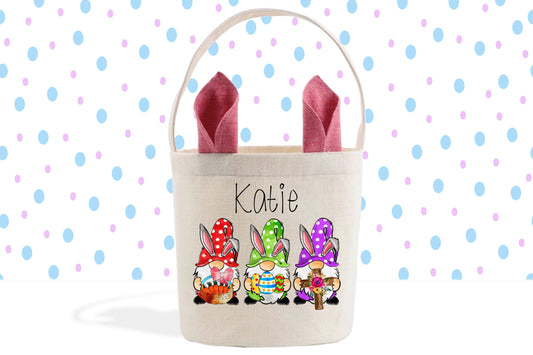 Easter Gnomes Custom Name Basket, Easter Kids Personalized Basket, Gift Basket, Easter Bunny Decor, Easter Gift for Kids, Easter Bucket Bag