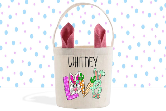 Easter Bunny Love Custom Name Basket, Easter Kids Personalized Basket, Easter Bunny Decor Gift Basket, Easter Gift, Easter Bucket Easter Bag