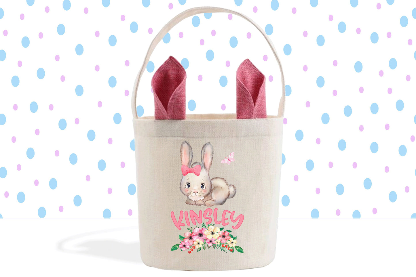 Bunny Rabbit Butterfly & Flowers Easter Basket, Easter Kids Personalized Basket, Gift Basket, Easter Gift, Easter Bucket, Cute Easter Bag