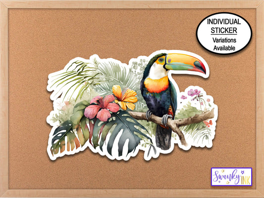 Toucan Bird Stickers, Water Bottle Sticker, Journal Stickers, Planner Stickers, Tropical Flowers, Tumbler Nature Stickers, Laptop Sticker