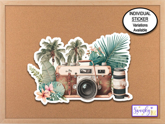 Retro Camera Sticker, Tropical Flowers Travel Sticker Decal, Vintage Film Camera Water Bottle Sticker, Journal Stickers, Photographer Gifts