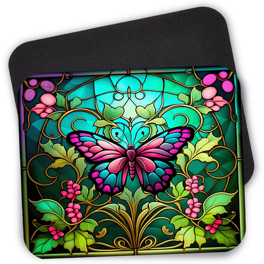 Green Stained Glass Butterfly Floral Mouse Pad, Desk Mouse Pad, 9.4" x 7.9" Computer Mouse Pad, Butterflies Mousepad, Nature Mouse Pad #7