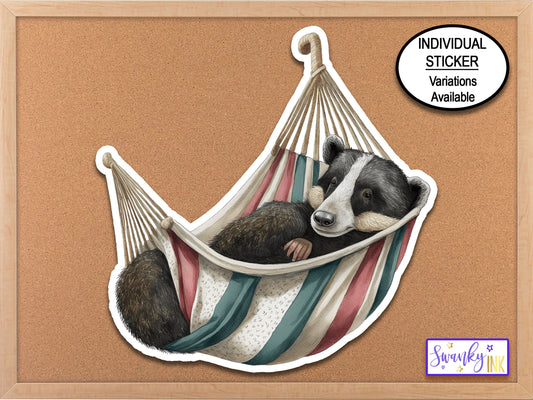 Badger in Hammock Sticker, Water Bottle Sticker, Journal Stickers, Laptop Stickers, Camping Sticker, Cozy Sticker, Woodland Animal Sticker