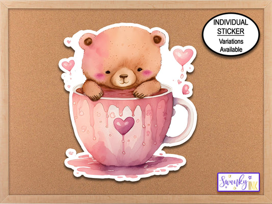 Cute Bear Coffee Sticker, Tea Cup, Hearts Coffee Mug, Coffee Cup Laptop Stickers, Coffee Lover, Best Friends Gift, Planner Stickers for Mom