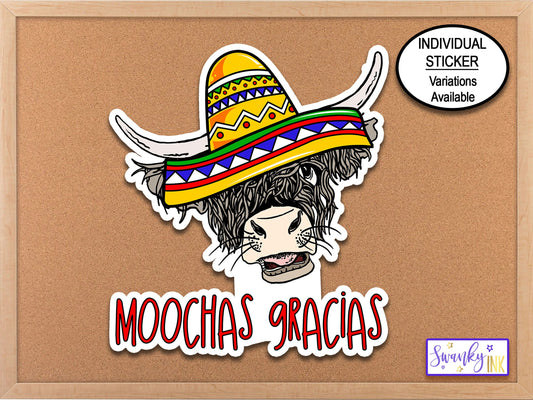 Mexican Cow Sticker, Western Sticker, Moochas Gracias, Cinco de Mayo Hat, Funny Cow Decal, Thank You Sticker, Spanish Business Pun, Muchas