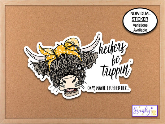 Heifers Be Trippin Cow Face in Yellow Bandana Sticker, Vinyl Sticker, Western Sticker, Cow Design, Water Bottle Sticker, Farmhouse Cow Gifts