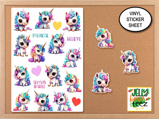 Cute Baby Unicorn Sticker Sheet, Water Bottle Sticker, Baby Animals, Unicorn Decal, Journal Stickers, Baby Shower Favor, Birthday Stickers
