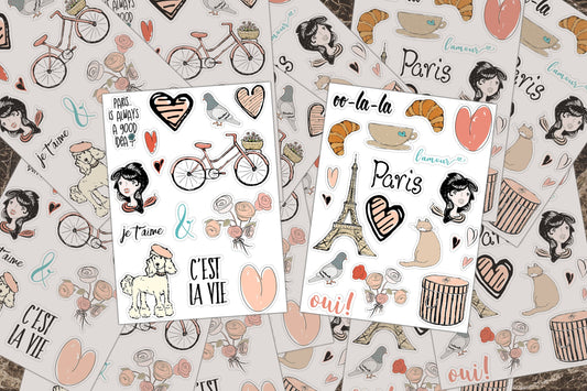 Sticker Sheets, Paris Scrapbook, Vinyl Decal, Party Favor, Journal Sticker, Stickers for Laptop, Paris Theme Gifts, Eiffel Tower, Hearts Art