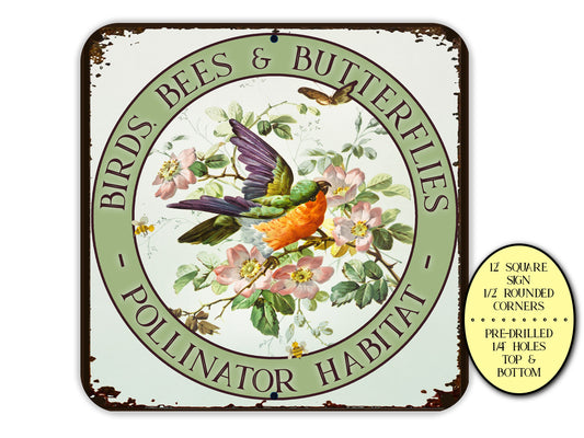 Birds Bees Butterflies Pollinator Habitat Flower Sign, Farm Signs, Butterfly Sign, Farmhouse Sign, Vintage Warbler Art, Bird Garden Sign
