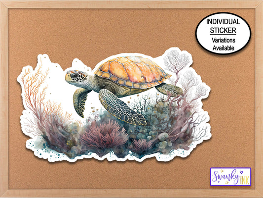 Sea Turtle Art Animal Stickers, Sea Turtle Gifts, Sea Life, Ocean Coral Nature Sticker, Tumbler Sticker, Laptop Sticker, Sea Creatures Decal