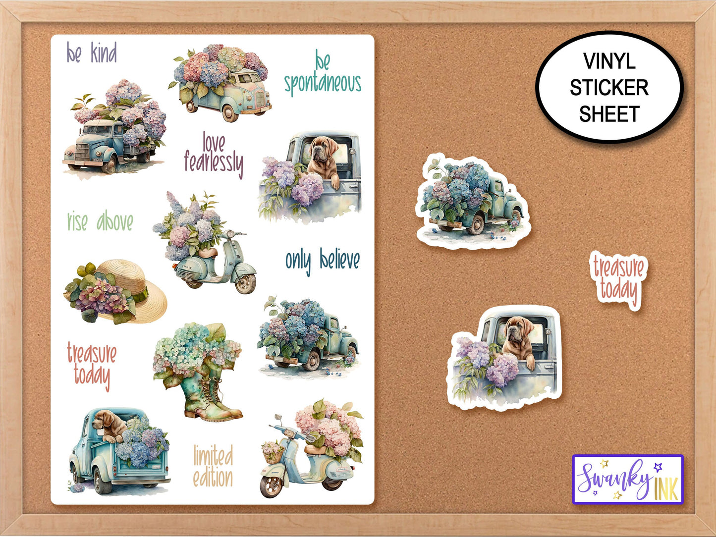 Retro Truck Hydrangea Sticker Sheet, Vintage Scooter, Old Dog Water Bottle Sticker, Phone Case Flower Stickers, Cottagecore Nature Stickers