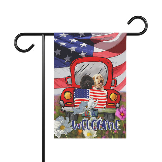 Black Tan Doodles Garden Flag, American Flag Art, House Warming Gift, Outdoor Flag, House Flag, Doodle Dog Art, Goldendoodle Patriotic Decor