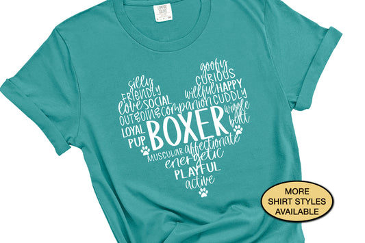 Boxer Dog Traits Word Cloud Heart Shirt, Cute Dog Owner Gift for Mom, Vet Tech, Dog Dad, Pet Groomer Sweatshirt, Dog Walker Birthday Tshirt
