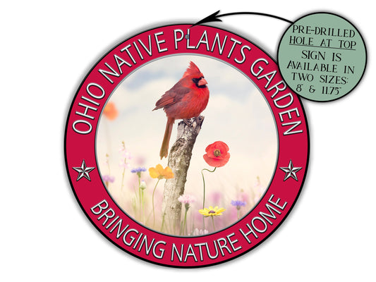 Ohio Cardinal Native Plants Round Garden Sign, Bird Pollinator Garden Art Decor, Farmhouse Bird & Plant Lover Gift Gardening Sign Decoration