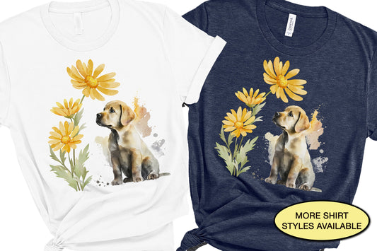 Labrador Puppy Dog Daisies Floral Shirt, Retriever Dog Mom Gift, Cottage Core Flowers Dog Lovers Tshirt, Vet Tech Office Work or Gym Outfit