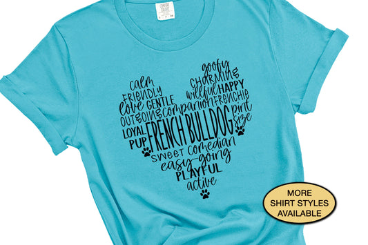French Bulldog Traits Word Cloud Heart Shirt, Cute Dog Owner Gift for Mom, Vet Tech Tee, Pet Groomer Sweatshirt, Dog Walker Birthday Tshirt