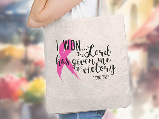 I Won The Lord Has Give Me The Victory Tote Bag, Cancer Survivor Tote, Breast Cancer Gift, Cancer Awareness, Pink Ribbon Gift, Cancer Sucks