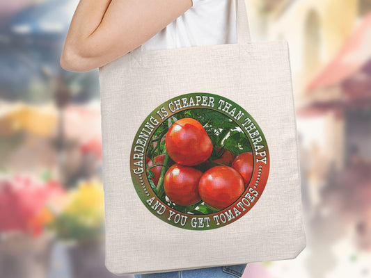 Tomato Cheaper Than Therapy Garden Tote Bag, Garden Therapy Plant Mom Gift, Gardener Tote Shopping Bag, Farmers Market Bag, Plant Lady Lover