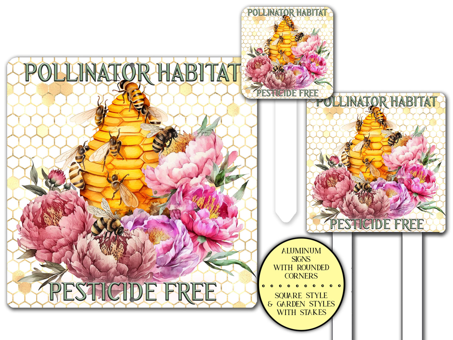 Beehive Floral Garden Sign, Pollinator Habitat Bee Gift, Pesticide Free Farmhouse Signs, Save The Bees Pollinator Sign, Bumble Bee Farm Sign