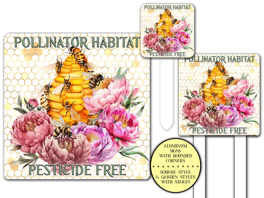 Beehive Floral Garden Sign, Pollinator Habitat Bee Gift, Pesticide Free Farmhouse Signs, Save The Bees Pollinator Sign, Bumble Bee Farm Sign