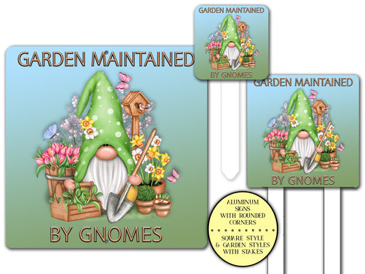 Garden Maintained By Gnomes Funny Metal Garden Stake Sign, Garden Gnome Farmhouse Sign, Garden Decoration Yard Sign, Floral Garden Gifts