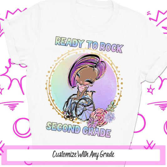First Day of School Shirt, Handicap Black Girl Wheelchair Ready To Rock Second Grade, Special Needs Disability Elementary School Custom Tee