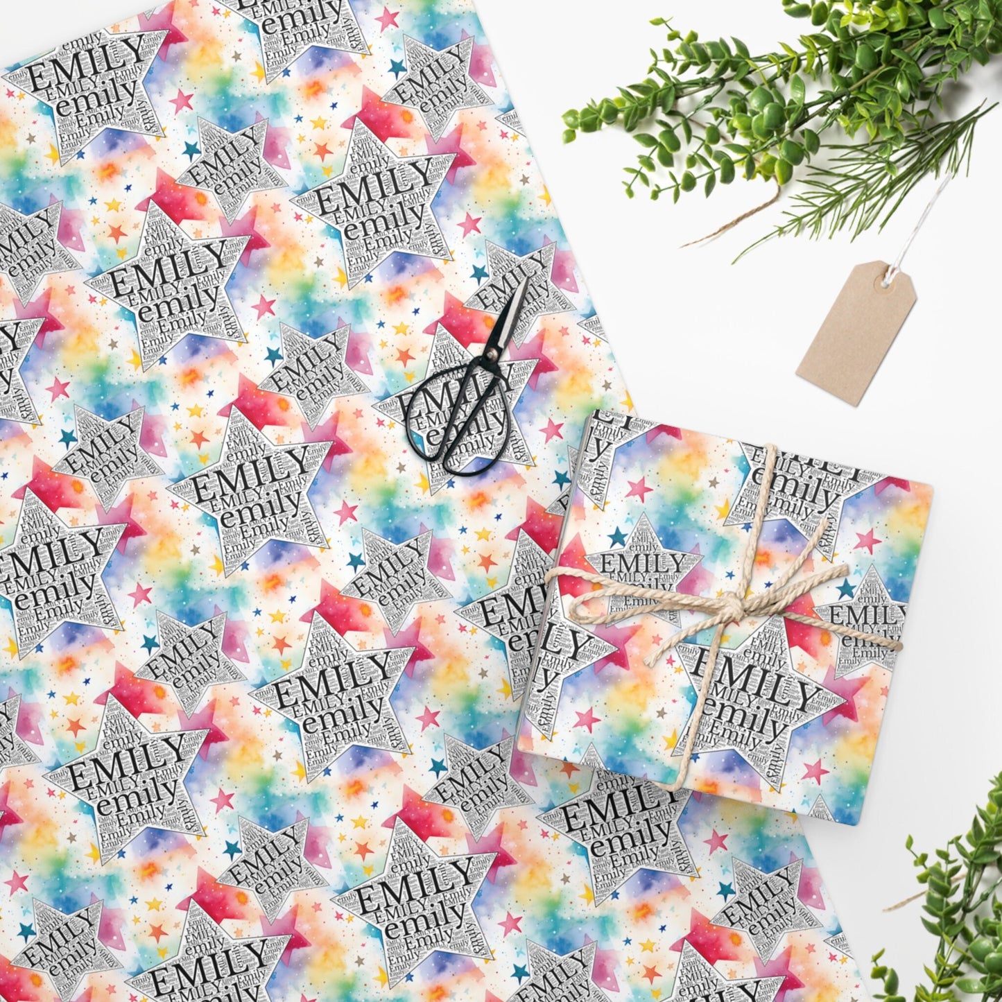Personalized Dreamy Watercolor Stars Gift Wrapping Paper Roll, Birthday Gift Wrap Paper, Christmas Wrapping, Baby Shower Name Wrapping Paper