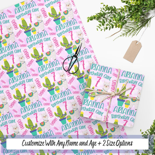 Personalized Birthday Girl Llama Gift Wrapping Paper Roll, Birthday Gift Wrap Paper, Christmas Wrapping, Baby Shower Name Wrapping Paper