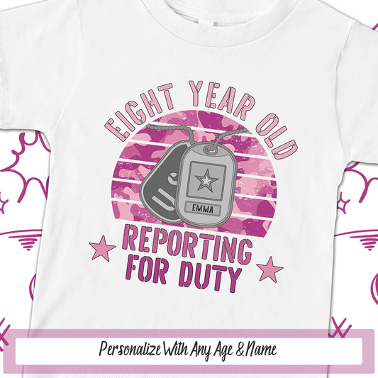 Personalized Girls Military Birthday Party Shirt, Reporting For Duty Kid Birthday Shirt, Dog Tags Camouflage Soldier Patriotic Birthday Gift