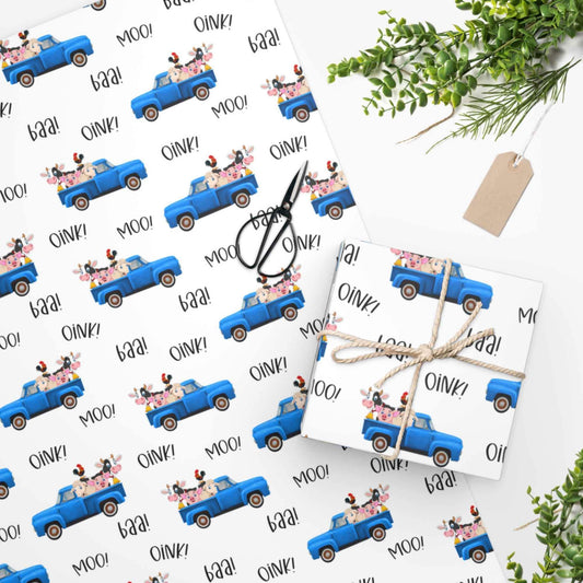Oink Baa Moo Retro Blue Truck Farm Animals Gift Wrap Paper, 1st Birthday Gift for Kids, Baby Shower Gift Wrapping Paper Roll, Cute Gift Wrap