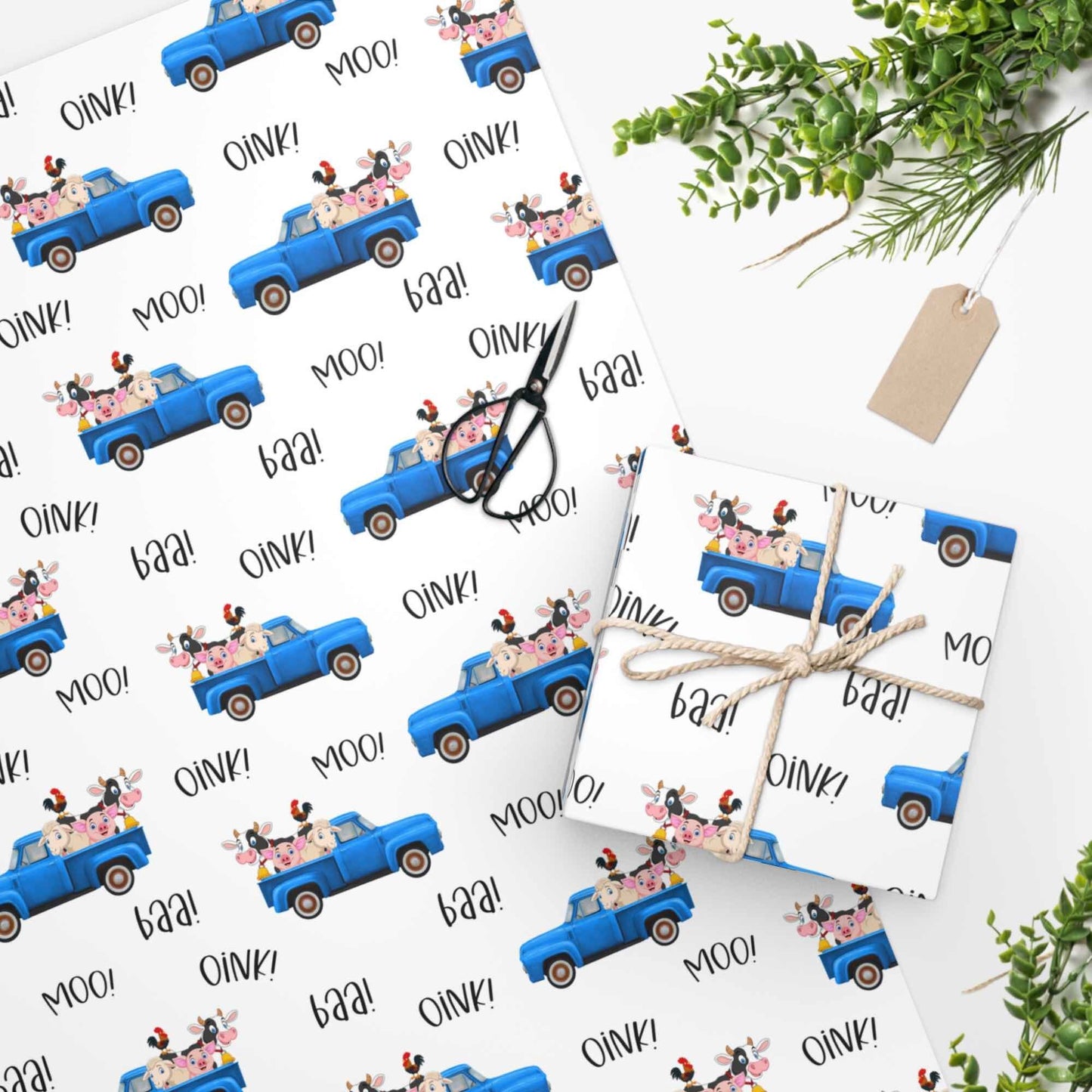Oink Baa Moo Retro Blue Truck Farm Animals Gift Wrap Paper, 1st Birthday Gift for Kids, Baby Shower Gift Wrapping Paper Roll, Cute Gift Wrap